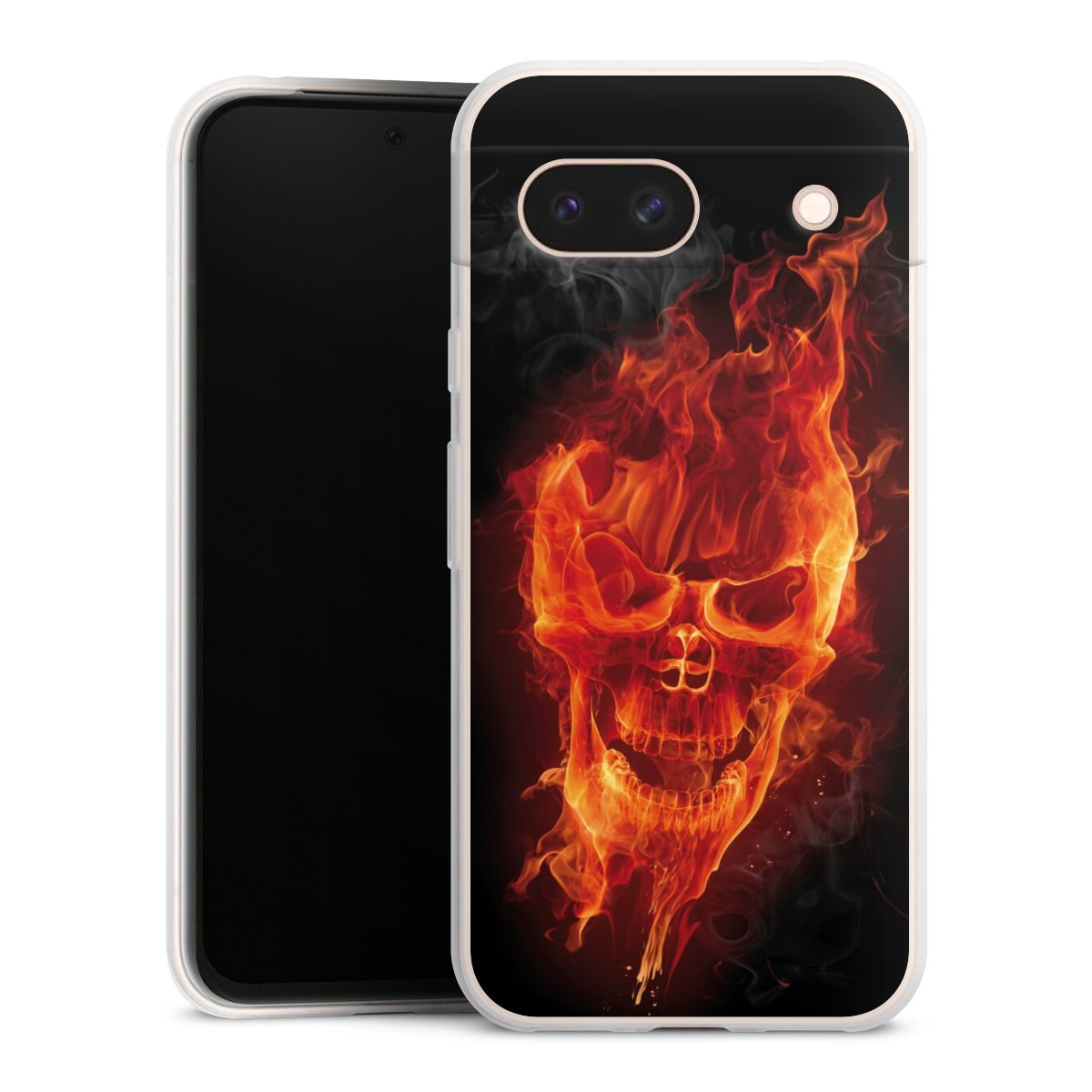 Google Pixel 8a Handy Slim Case extra dünn Silikon Handyhülle transparent Hülle Totenkopf Skull Fire Silikon Slim Case