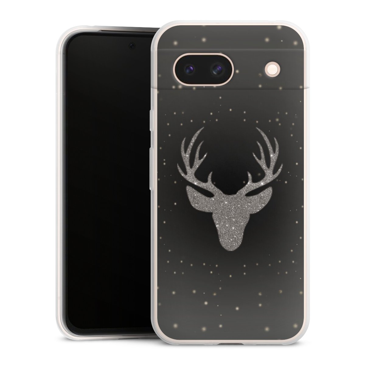 Google Pixel 8a Handy Slim Case extra dünn Silikon Handyhülle transparent Hülle Winter Deer Glitzer Silikon Slim Case