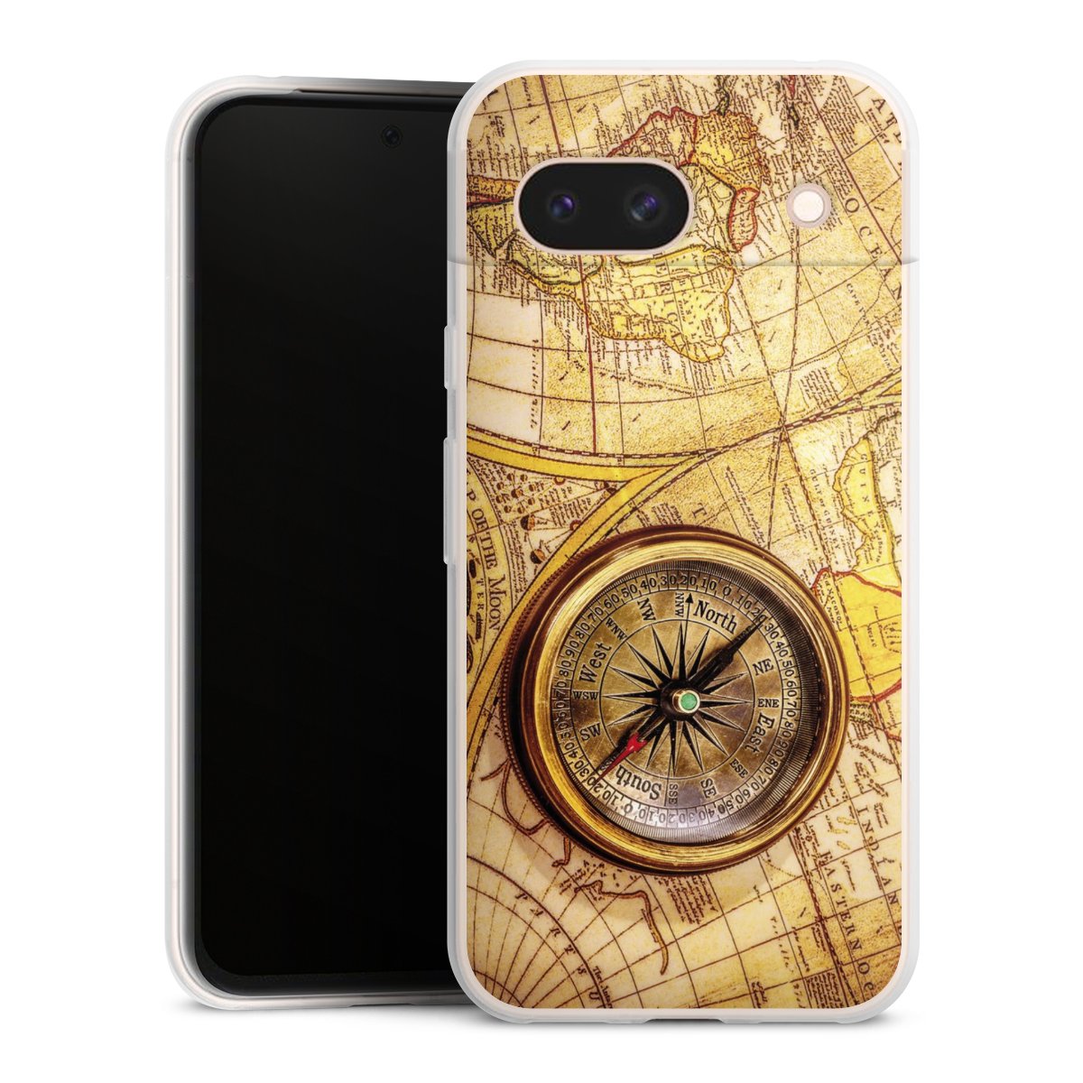 Google Pixel 8a Handy Slim Case extra dünn Silikon Handyhülle transparent Hülle World Map Map Compass Silikon Slim Case