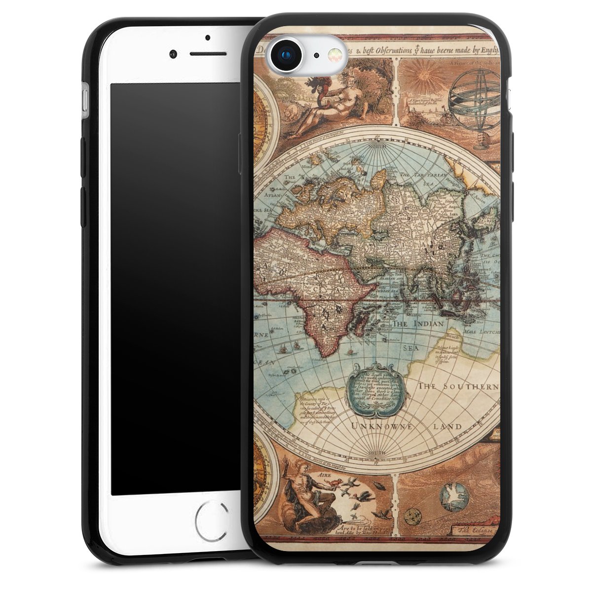 iPhone SE (2022) Handy Slim Case extra dünn Silikon Handyhülle schwarz Hülle World Map Vintage Map Silikon Slim Case