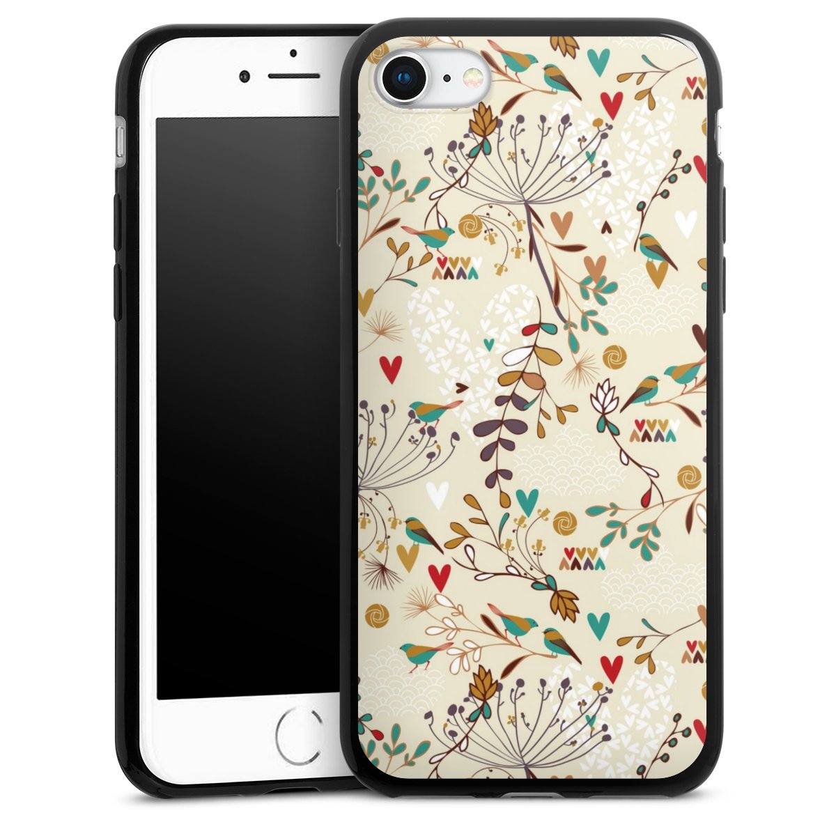 iPhone SE (2022) Handy Slim Case extra dünn Silikon Handyhülle schwarz Hülle Bird Flowers Retro Silikon Slim Case