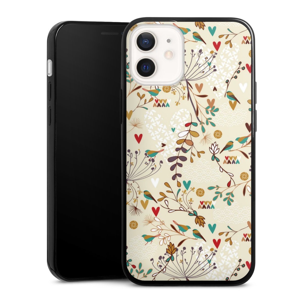 iPhone 12 mini Handy Slim Case extra dünn Silikon Handyhülle schwarz Hülle Bird Flowers Retro Silikon Slim Case