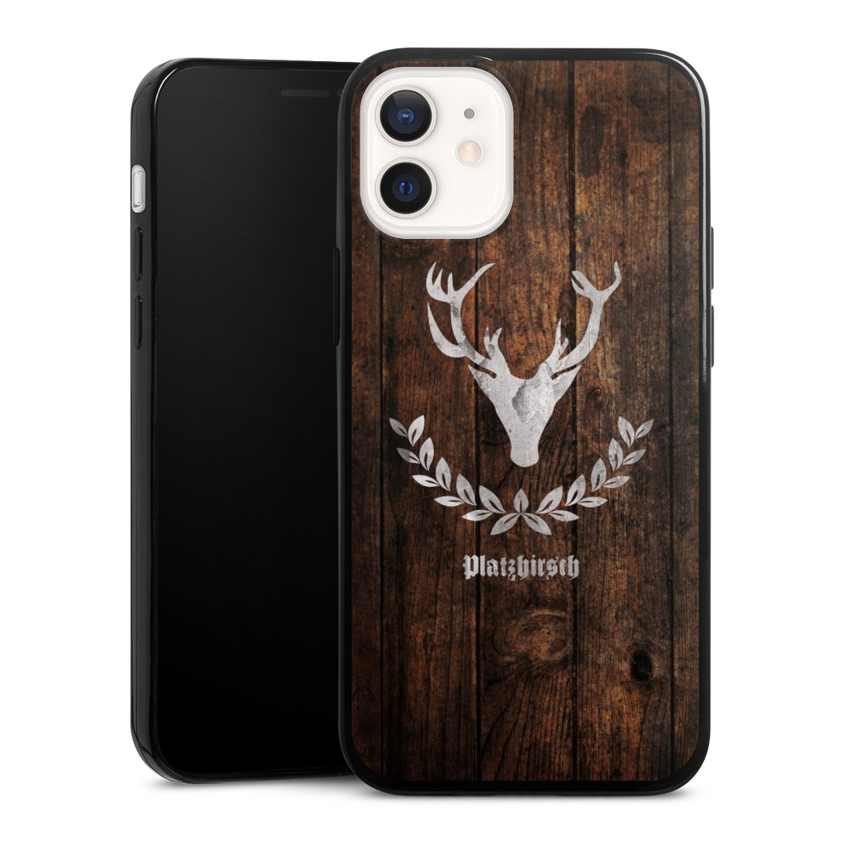 iPhone 12 mini Handy Slim Case extra dünn Silikon Handyhülle schwarz Hülle Deer Wood Wooden Look Silikon Slim Case