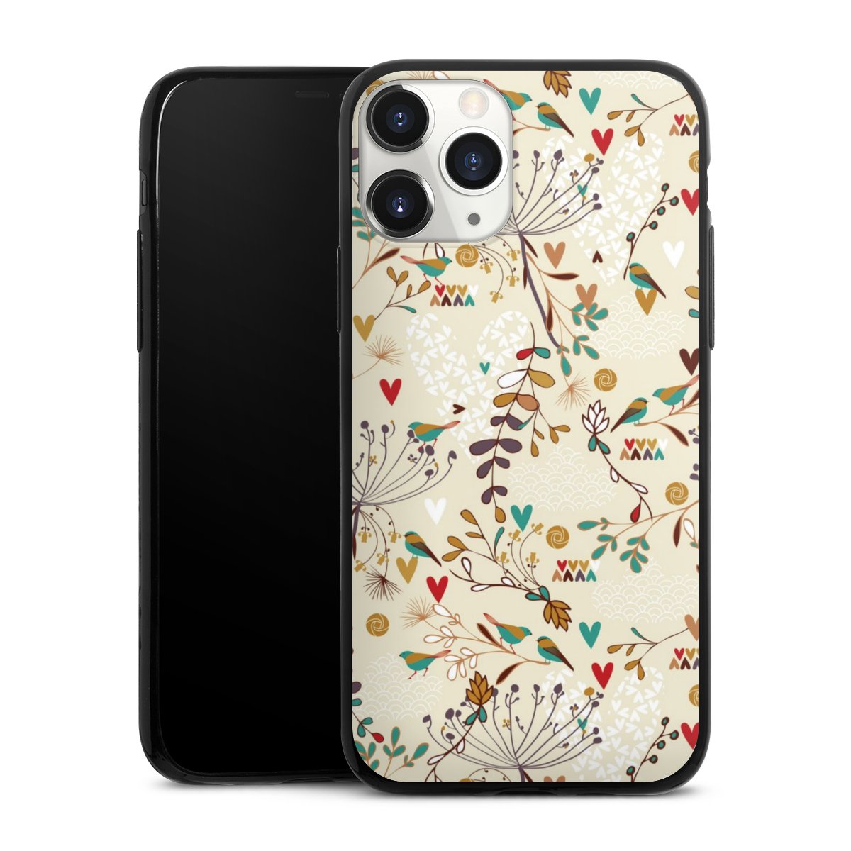 iPhone 11 Pro Handy Slim Case extra dünn Silikon Handyhülle schwarz Hülle Bird Flowers Retro Silikon Slim Case