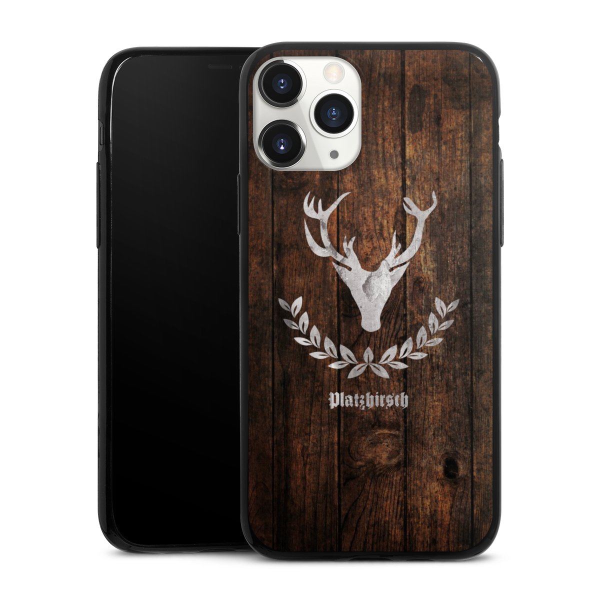 iPhone 11 Pro Handy Slim Case extra dünn Silikon Handyhülle schwarz Hülle Deer Wood Wooden Look Silikon Slim Case