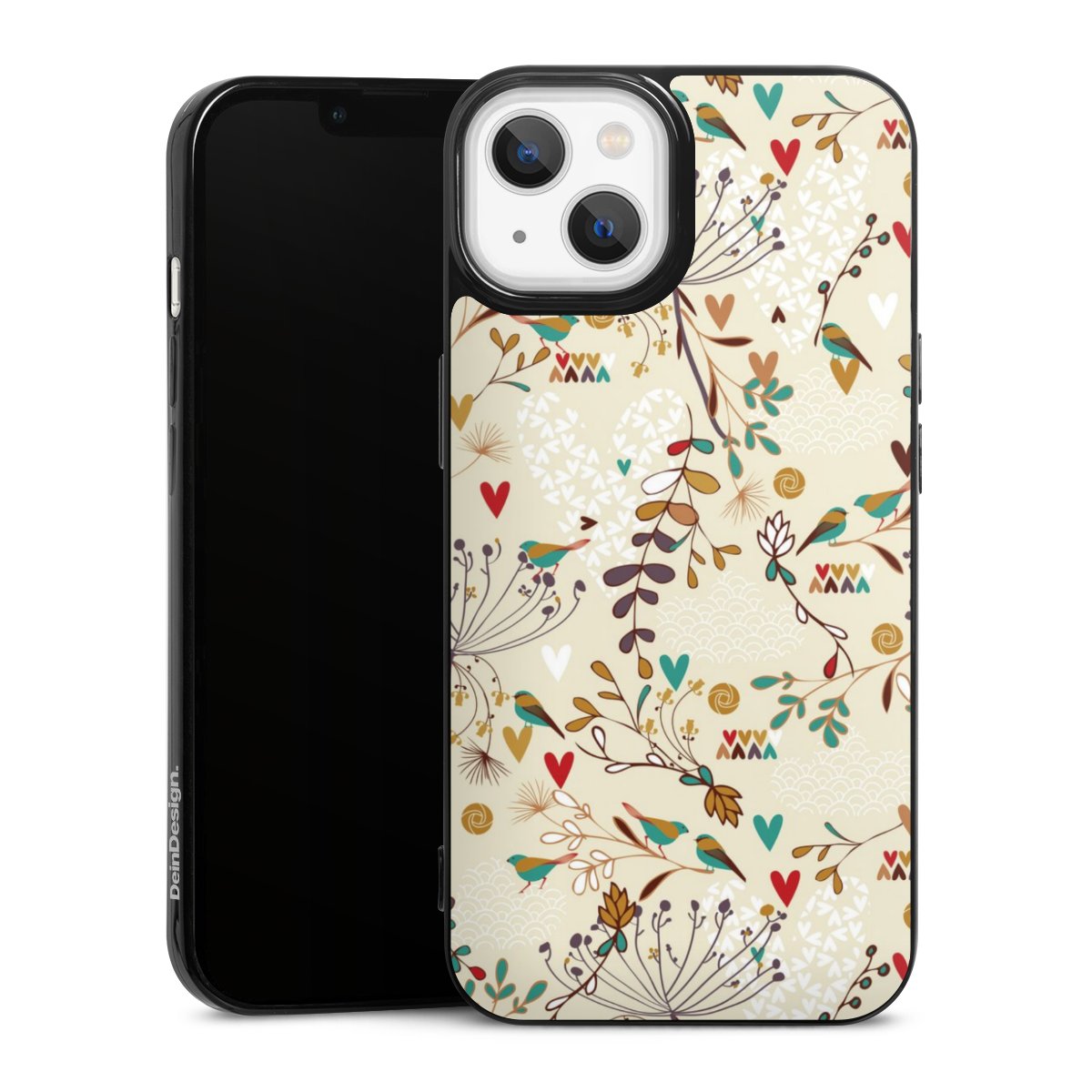 iPhone 13 Handy Slim Case extra dünn Silikon Handyhülle schwarz Hülle Bird Flowers Retro Silikon Slim Case