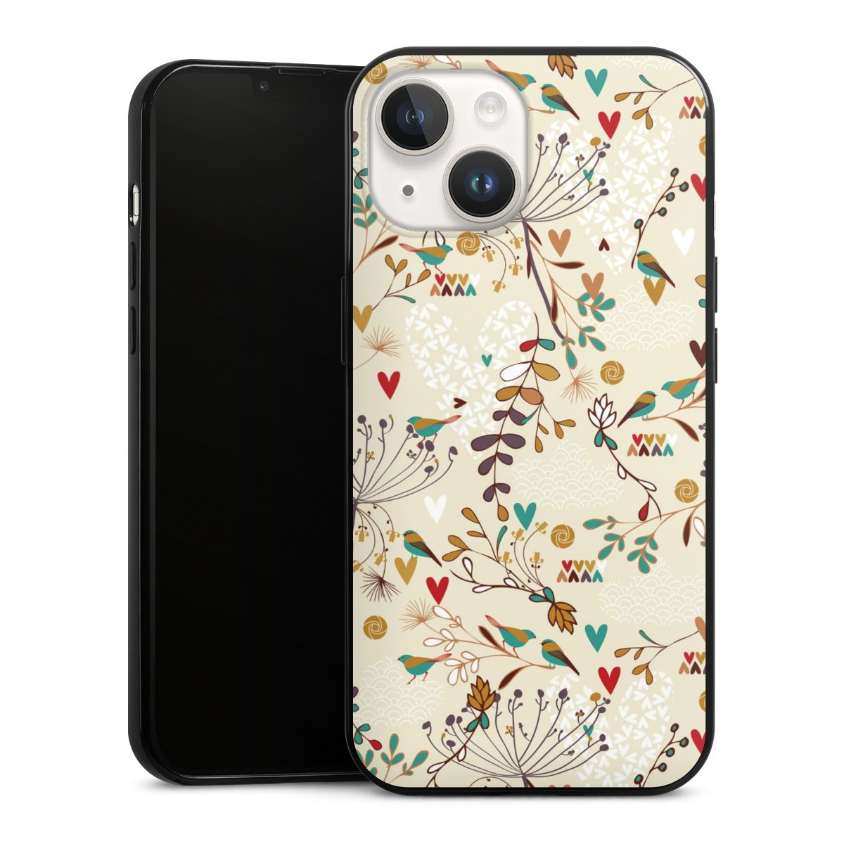 iPhone 14 Handy Slim Case extra dünn Silikon Handyhülle schwarz Hülle Bird Flowers Retro Silikon Slim Case