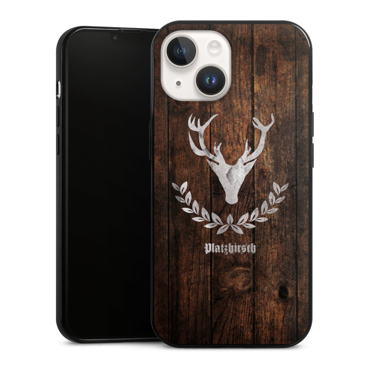 iPhone 14 Handy Slim Case extra dünn Silikon Handyhülle schwarz Hülle Deer Wood Wooden Look Silikon Slim Case