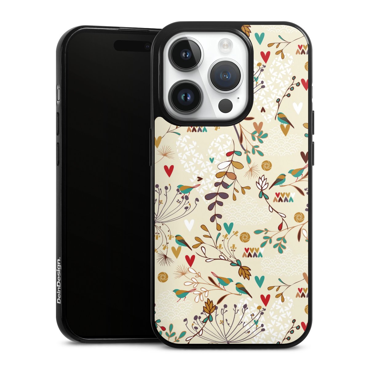 iPhone 14 Pro Handy Slim Case extra dünn Silikon Handyhülle schwarz Hülle Bird Flowers Retro Silikon Slim Case