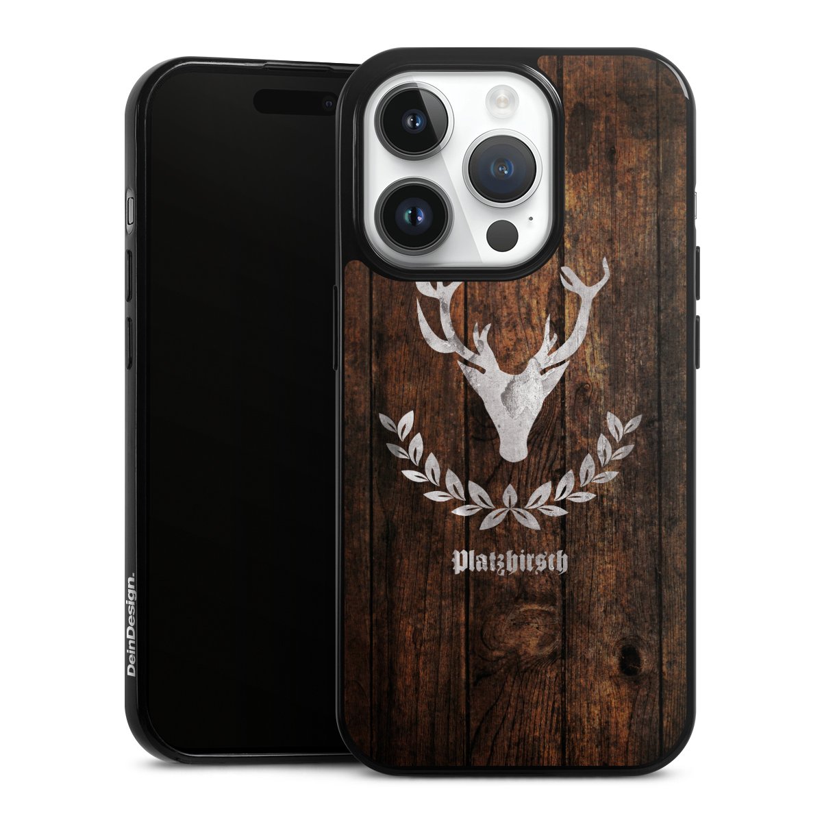 iPhone 14 Pro Handy Slim Case extra dünn Silikon Handyhülle schwarz Hülle Deer Wood Wooden Look Silikon Slim Case