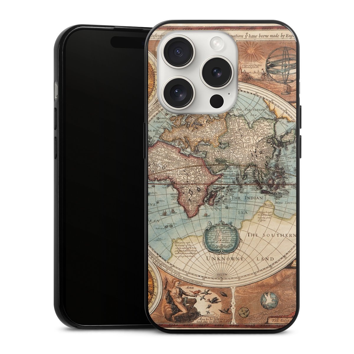 iPhone 15 Pro Handy Slim Case extra dünn Silikon Handyhülle schwarz Hülle World Map Vintage Map Silikon Slim Case