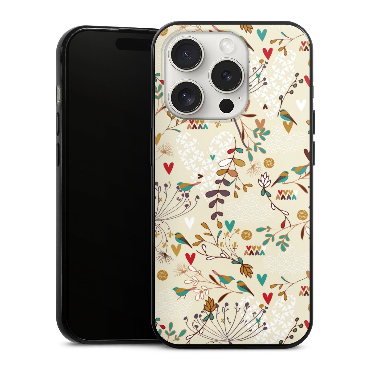 iPhone 15 Pro Handy Slim Case extra dünn Silikon Handyhülle schwarz Hülle Bird Flowers Retro Silikon Slim Case