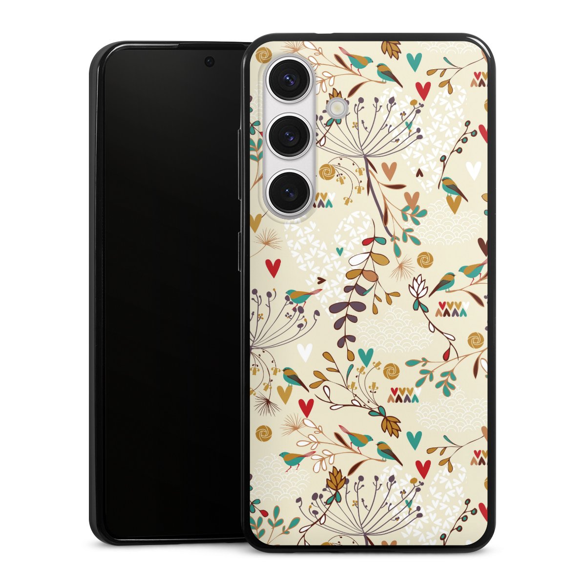 Galaxy S24 Handy Slim Case extra dünn Silikon Handyhülle schwarz Hülle Bird Flowers Retro Silikon Slim Case