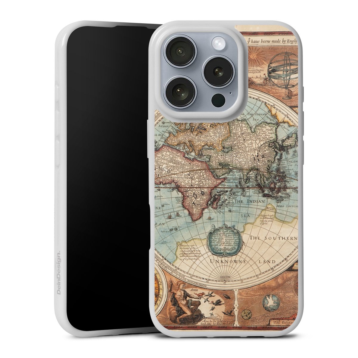 iPhone 16 Pro Handy Silikon Hülle Case weiß Handyhülle World Map Vintage Map Silikon Case