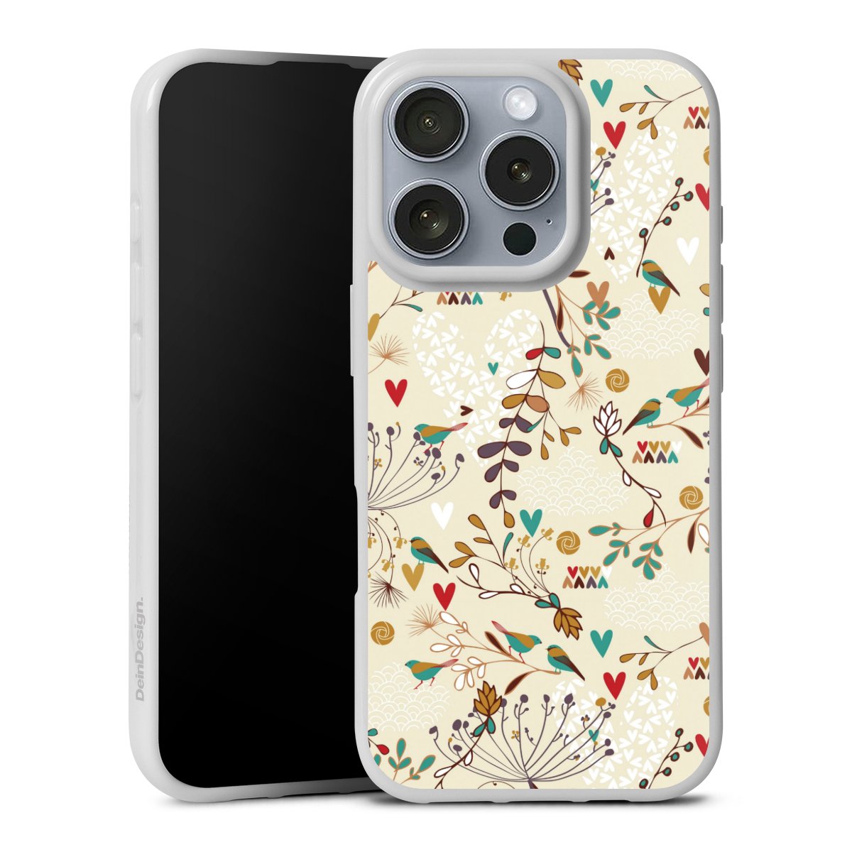 iPhone 16 Pro Handy Silikon Hülle Case weiß Handyhülle Bird Flowers Retro Silikon Case