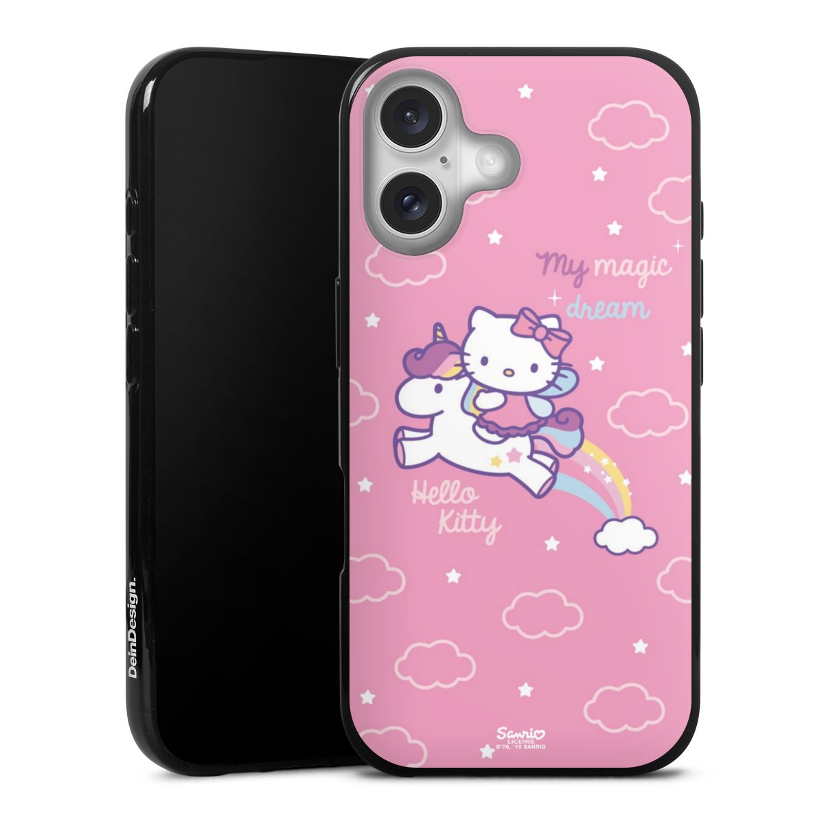 iPhone 16 Handy Silikon Hülle Case schwarz Handyhülle Einhorn Official Licensed Product Hello Kitty