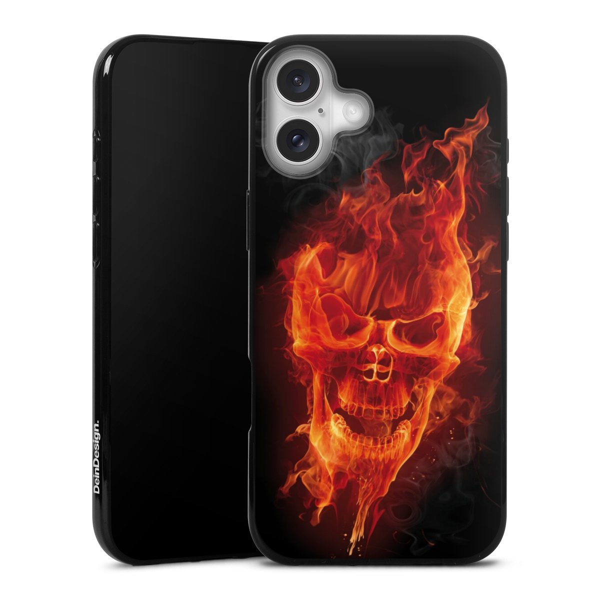 iPhone 16 Plus Handy Silikon Hülle Case schwarz Handyhülle Skull Totenkopf Fire