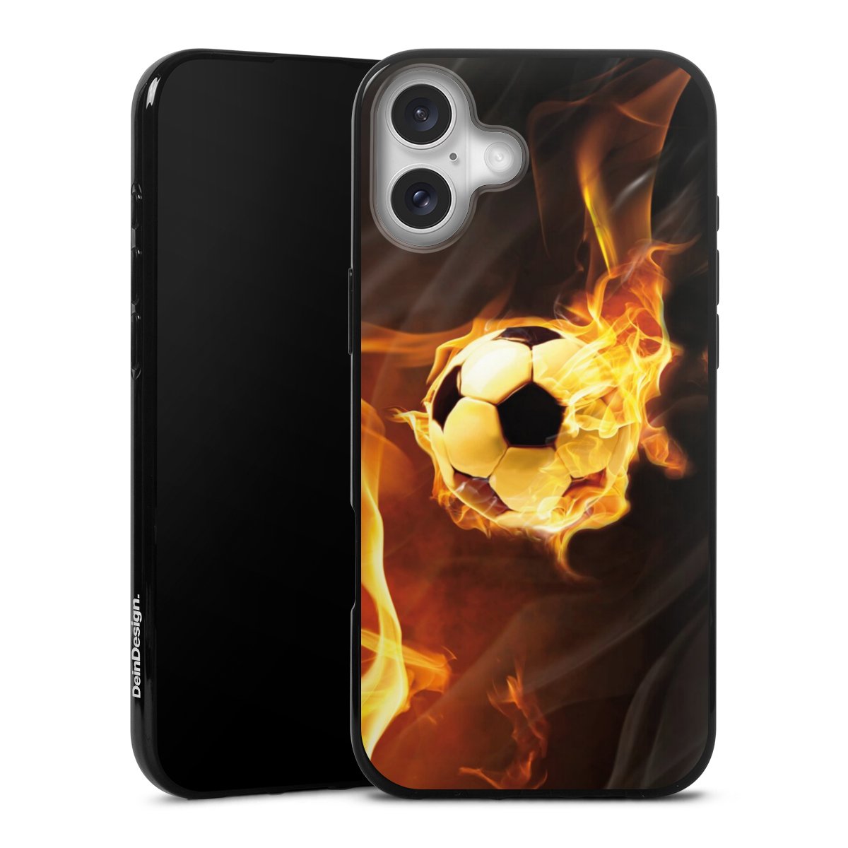 iPhone 16 Plus Handy Silikon Hülle Case schwarz Handyhülle Ball Soccer Fire