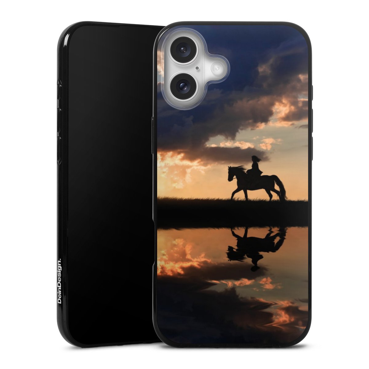 iPhone 16 Plus Handy Silikon Hülle Case schwarz Handyhülle Sunset Horseback Riding Horse