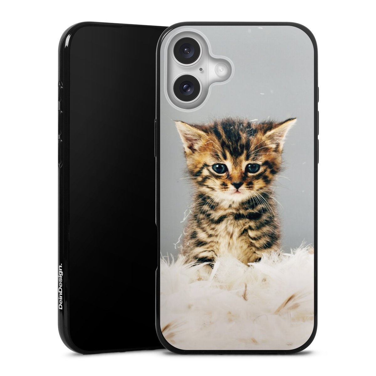 iPhone 16 Plus Handy Silikon Hülle Case schwarz Handyhülle Cat Pet Feather