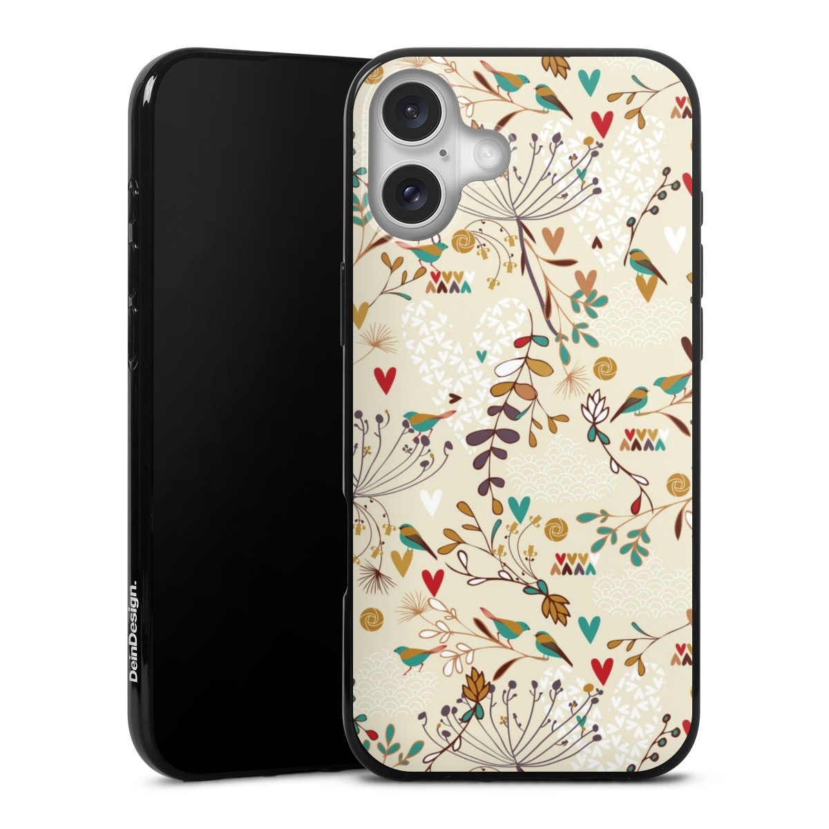 iPhone 16 Plus Handy Silikon Hülle Case schwarz Handyhülle Flowers Bird Retro