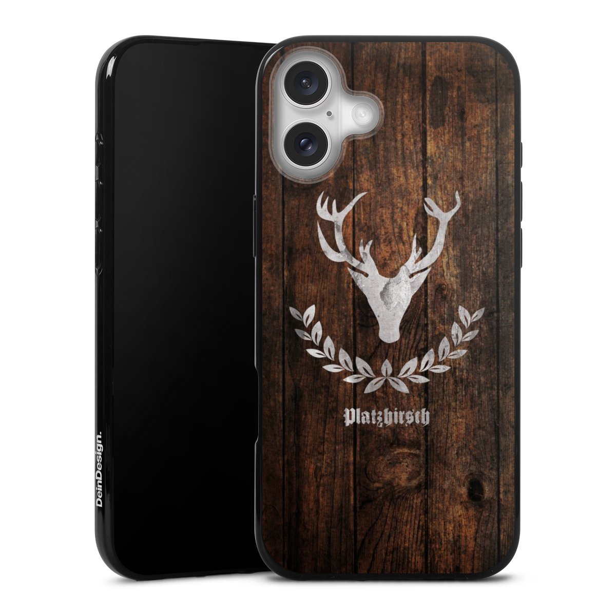 iPhone 16 Plus Handy Silikon Hülle Case schwarz Handyhülle Deer Wooden Look Wood