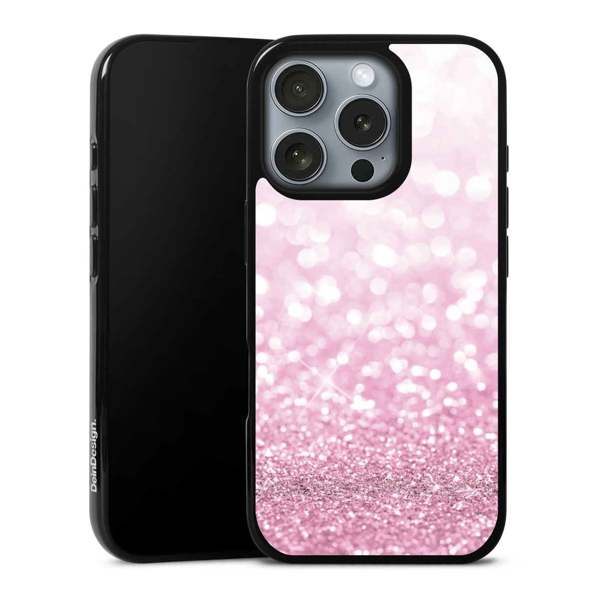 iPhone 16 Pro Handy Silikon Hülle Case schwarz Handyhülle Glitzer Pink Shine