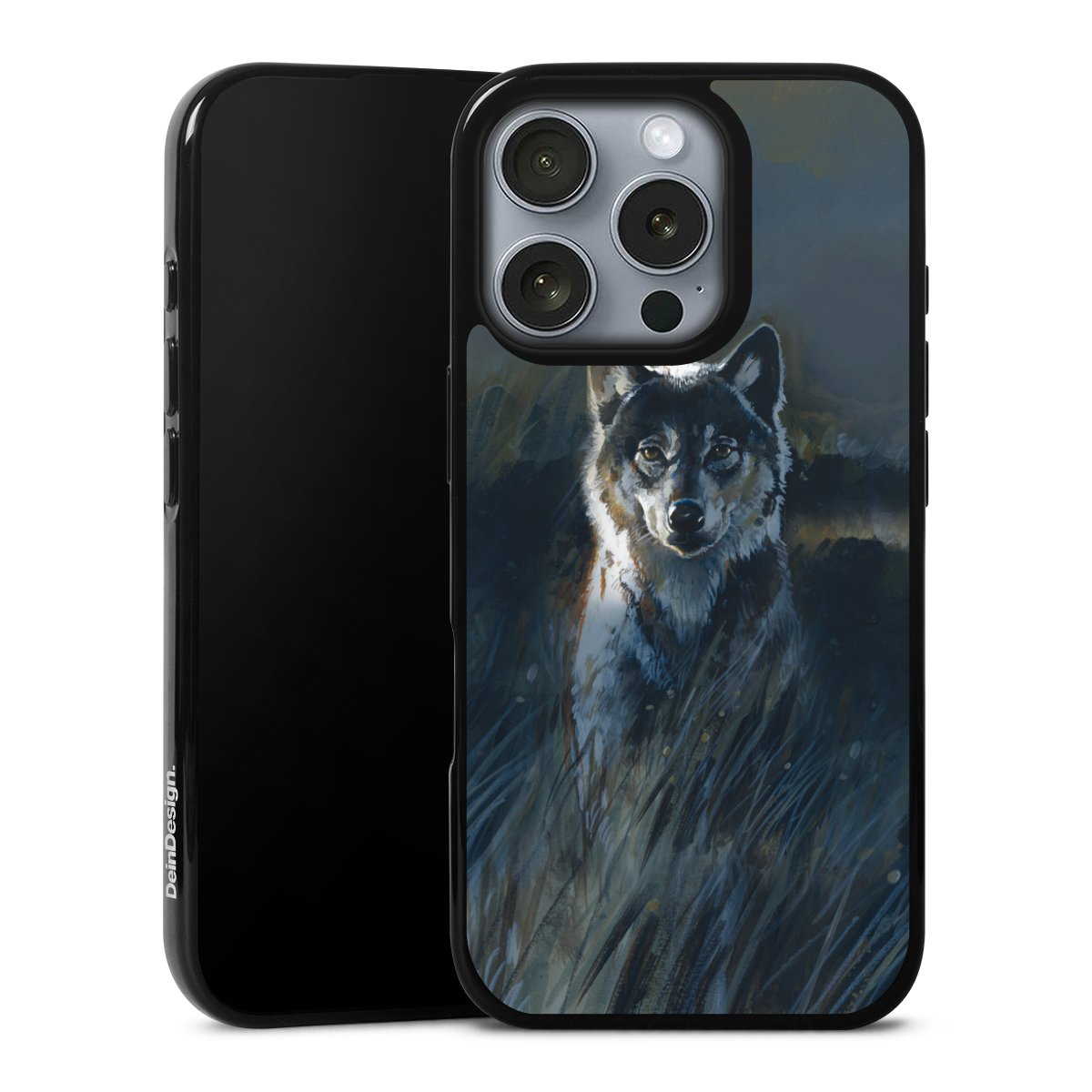 iPhone 16 Pro Handy Silikon Hülle Case schwarz Handyhülle Nature Wolf Painting