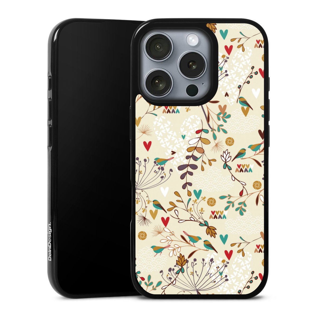 iPhone 16 Pro Handy Silikon Hülle Case schwarz Handyhülle Bird Flowers Retro