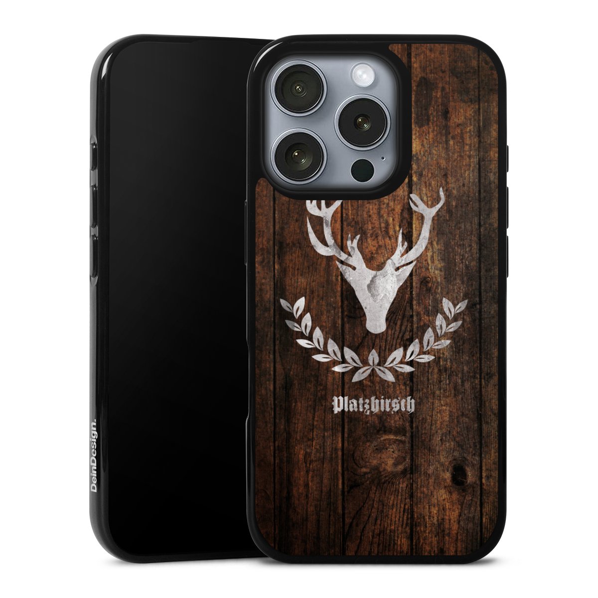 iPhone 16 Pro Handy Silikon Hülle Case schwarz Handyhülle Deer Wood Wooden Look