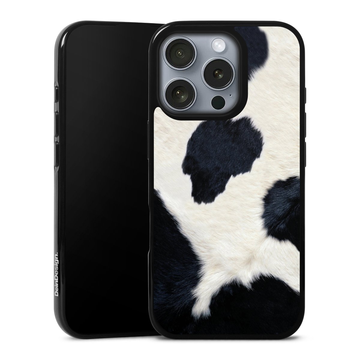 iPhone 16 Pro Handy Silikon Hülle Case schwarz Handyhülle Animal Look Animal Print Cow Skin