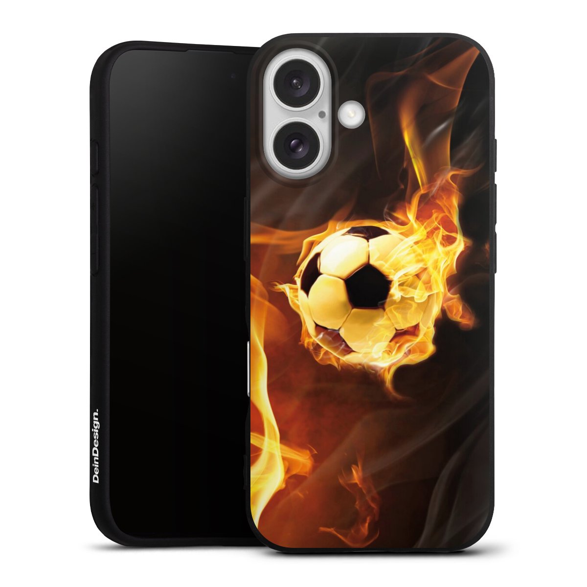 iPhone 16 Handy Premium Silikon Hülle Handyhülle schwarz Case Ball Fire Soccer Silikon Premium Case