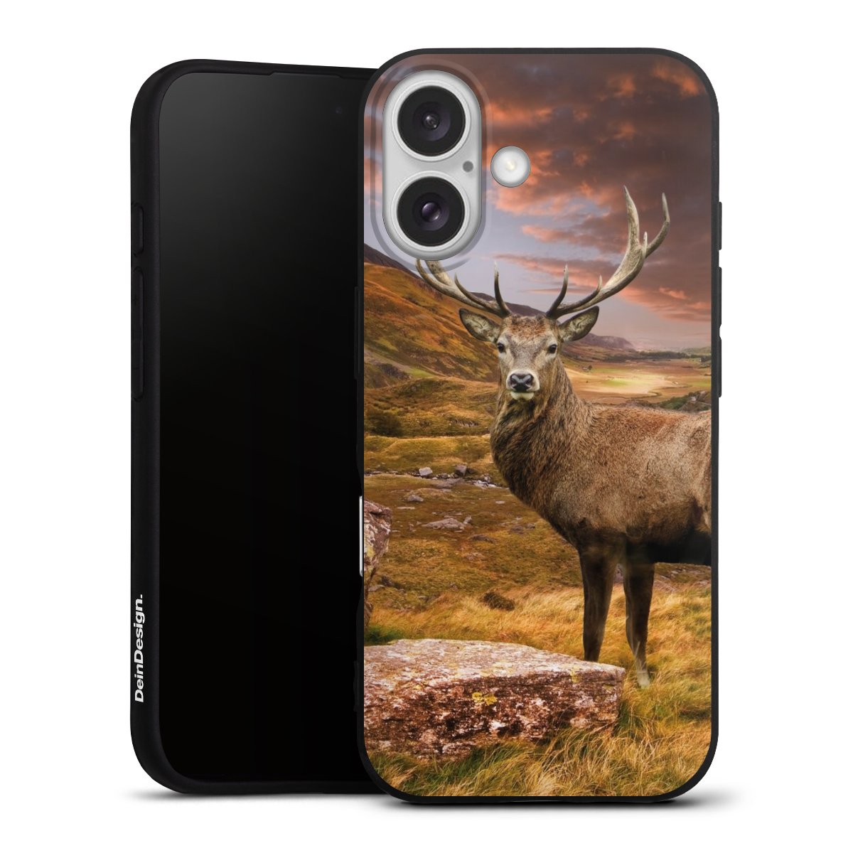 iPhone 16 Handy Premium Silikon Hülle Handyhülle schwarz Case Meadow Mountain Deer Silikon Premium Case