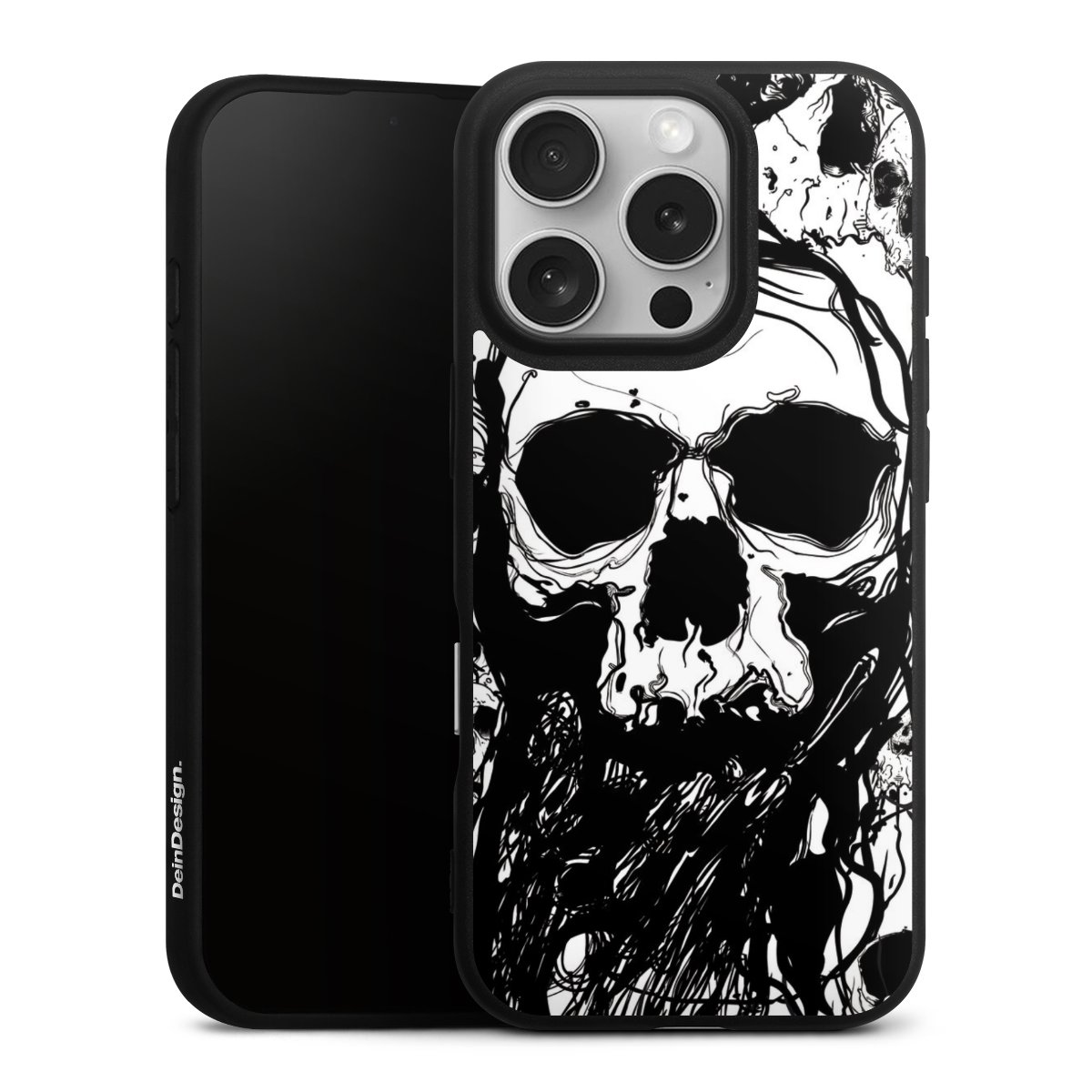 iPhone 16 Pro Handy Premium Silikon Hülle Handyhülle schwarz Case Totenkopf Halloween Silikon Premium Case