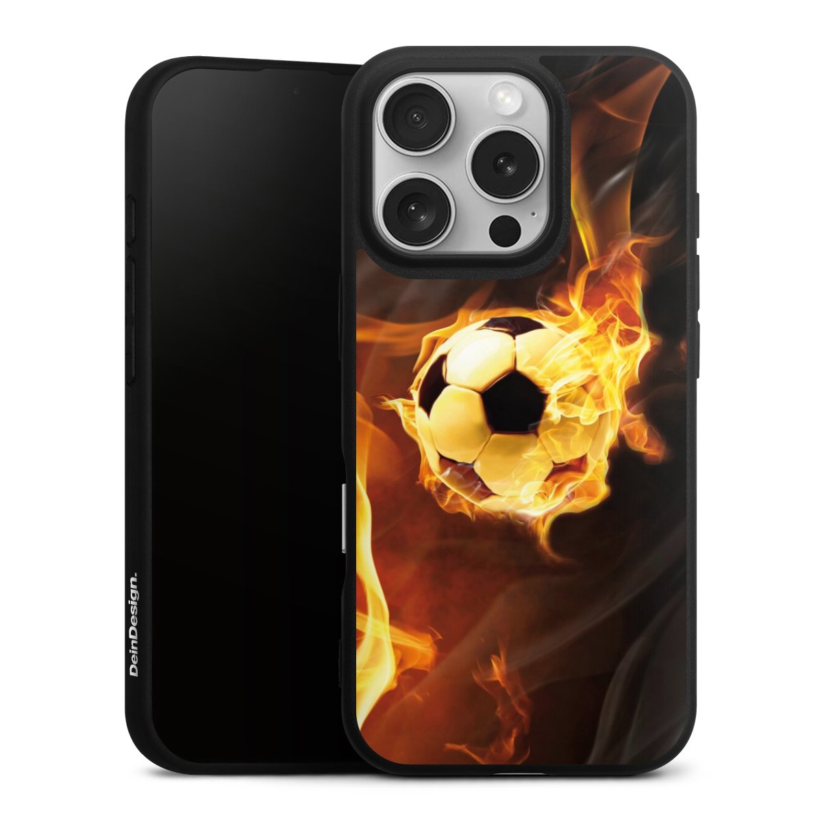 iPhone 16 Pro Handy Premium Silikon Hülle Handyhülle schwarz Case Ball Fire Soccer Silikon Premium Case