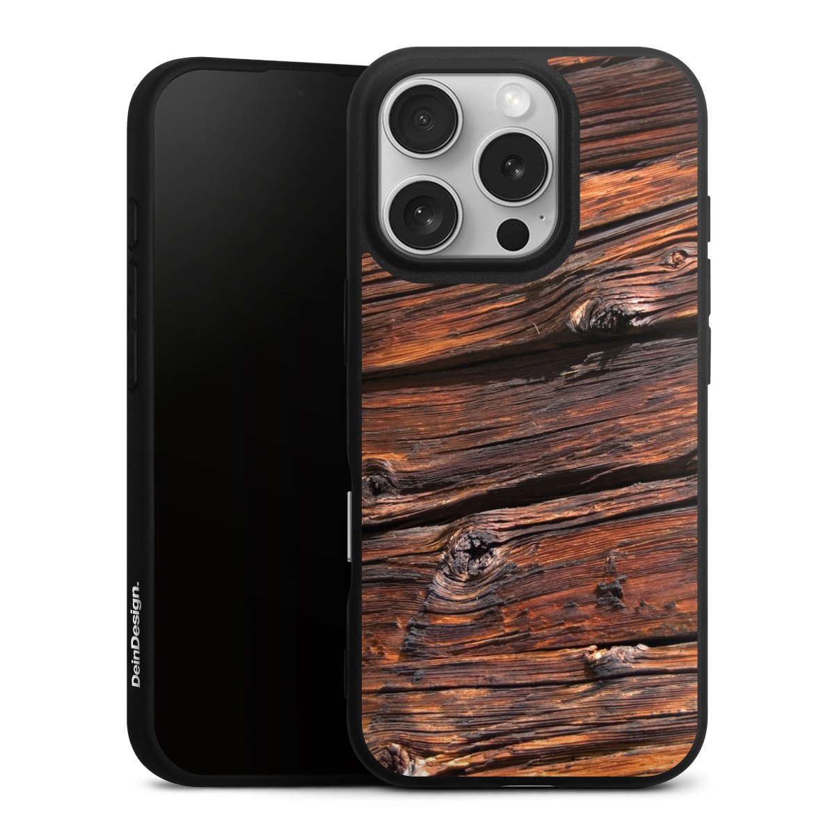 iPhone 16 Pro Handy Premium Silikon Hülle Handyhülle schwarz Case Beams Wooden Look Wood Silikon Premium Case