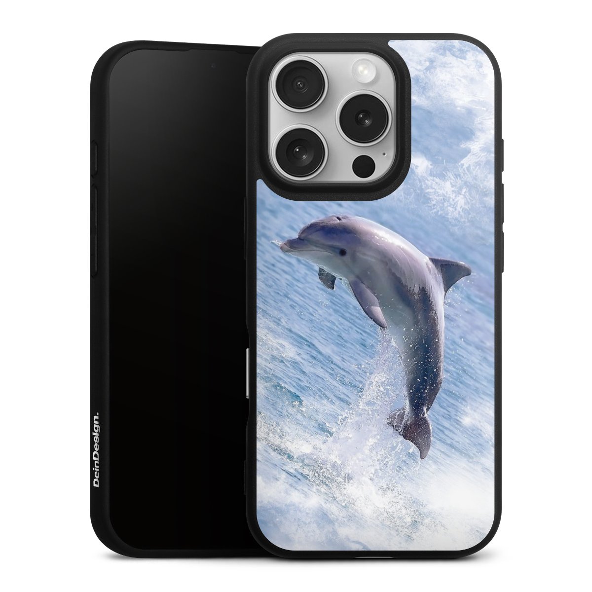 iPhone 16 Pro Handy Premium Silikon Hülle Handyhülle schwarz Case Dolphin Ocean Wale Silikon Premium Case