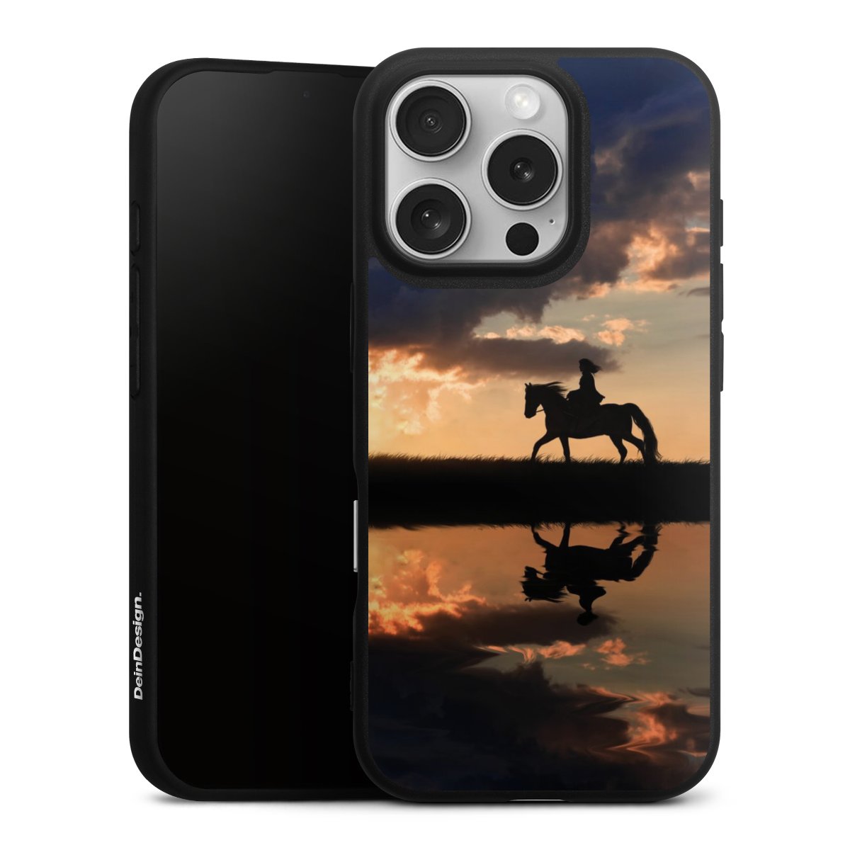 iPhone 16 Pro Handy Premium Silikon Hülle Handyhülle schwarz Case Horse Sunset Horseback Riding Silikon Premium Case