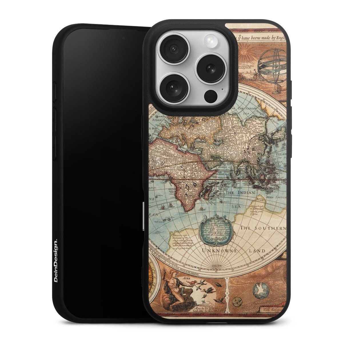 iPhone 16 Pro Handy Premium Silikon Hülle Handyhülle schwarz Case World Map Vintage Map Silikon Premium Case