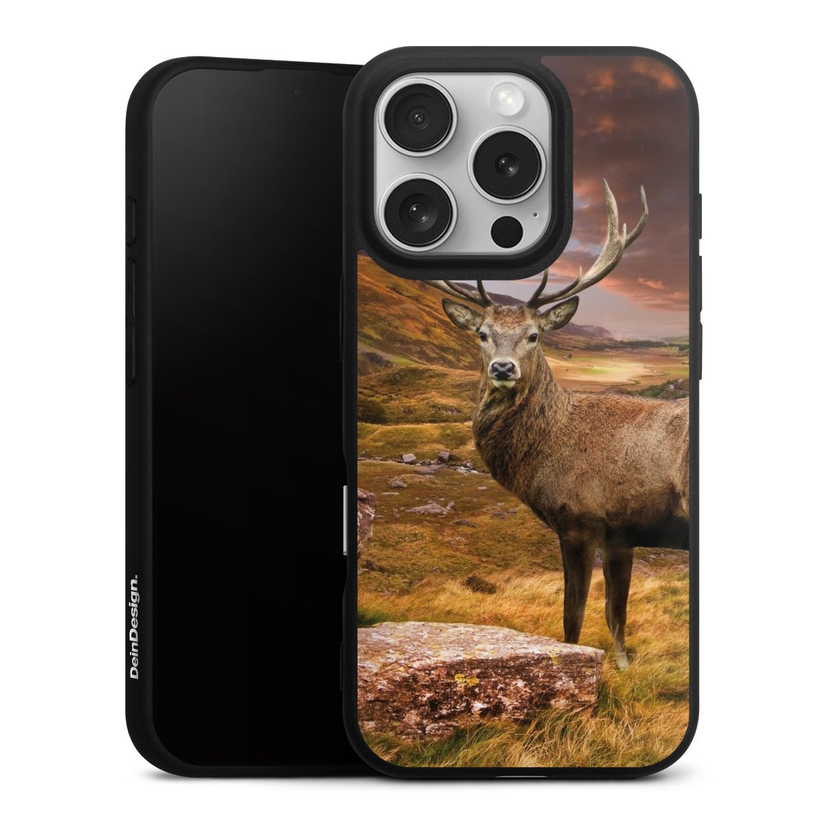 iPhone 16 Pro Handy Premium Silikon Hülle Handyhülle schwarz Case Meadow Mountain Deer Silikon Premium Case