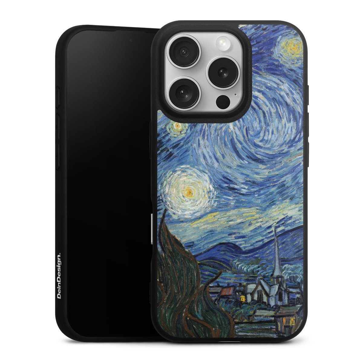 iPhone 16 Pro Handy Premium Silikon Hülle Handyhülle schwarz Case The Starry Night Kunst Vincent Van Gogh Silikon Premium Case