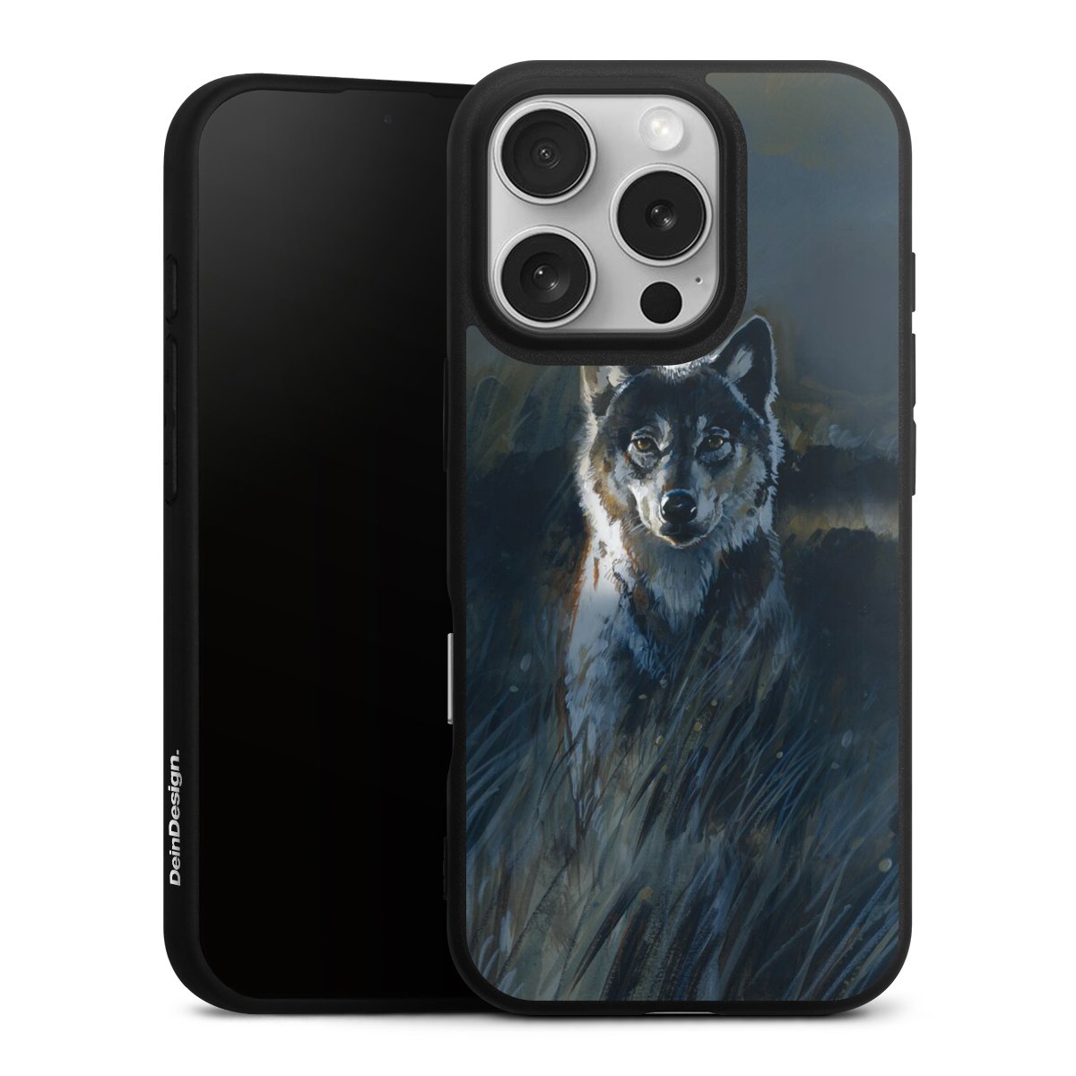 iPhone 16 Pro Handy Premium Silikon Hülle Handyhülle schwarz Case Nature Wolf Painting Silikon Premium Case