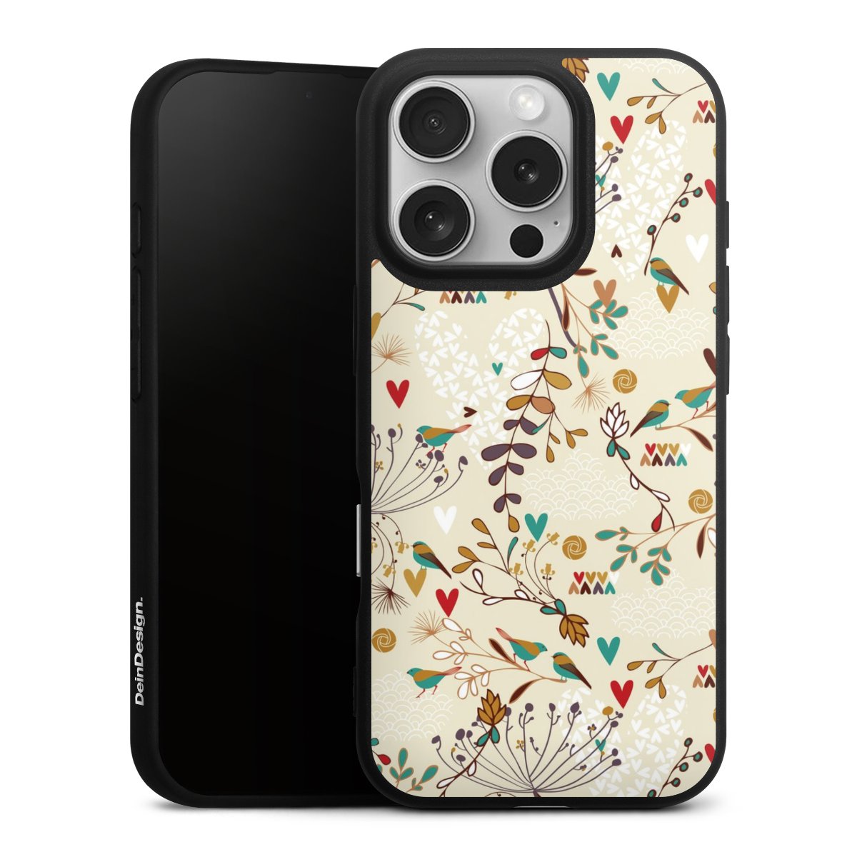 iPhone 16 Pro Handy Premium Silikon Hülle Handyhülle schwarz Case Bird Flowers Retro Silikon Premium Case