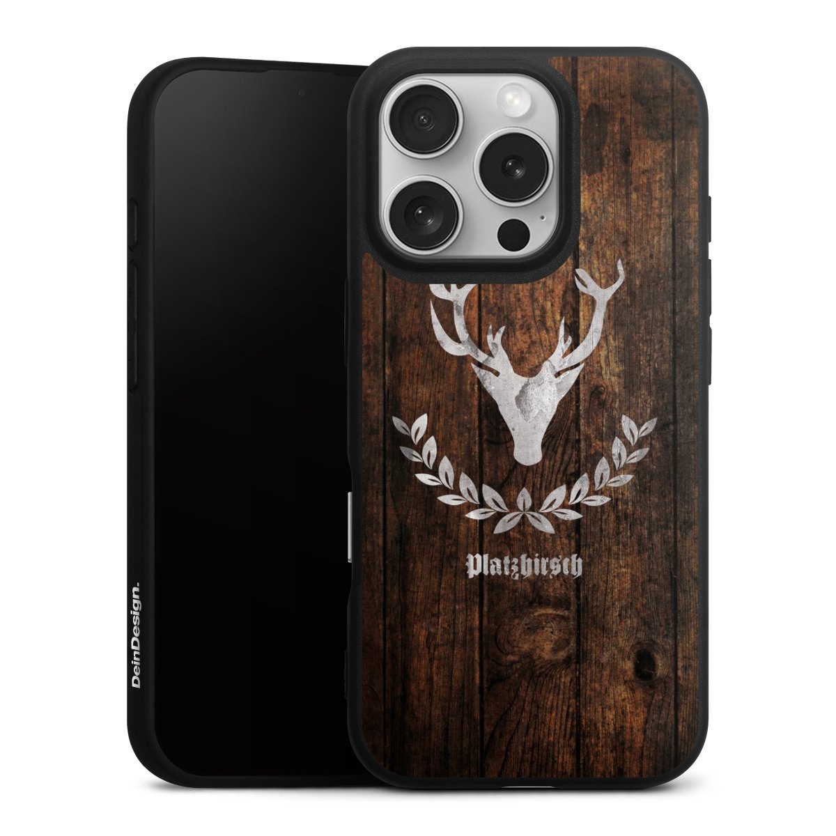 iPhone 16 Pro Handy Premium Silikon Hülle Handyhülle schwarz Case Deer Wood Wooden Look Silikon Premium Case