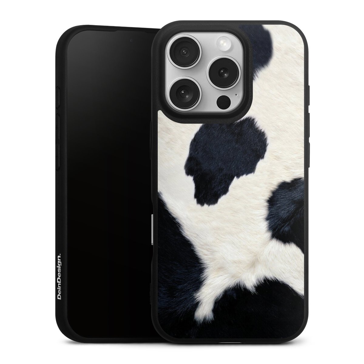 iPhone 16 Pro Handy Premium Silikon Hülle Handyhülle schwarz Case Animal Look Animal Print Cow Skin Silikon Premium Case