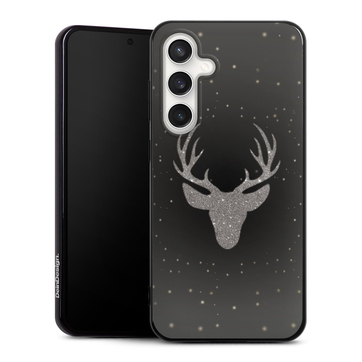 Galaxy S24 FE 5G Handy Silikon Hülle Case schwarz Handyhülle Winter Deer Glitzer