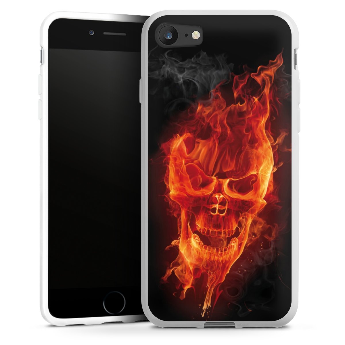 iPhone SE (2020) Handy Silikon Hülle Case weiß Handyhülle Totenkopf Skull Fire Silikon Case