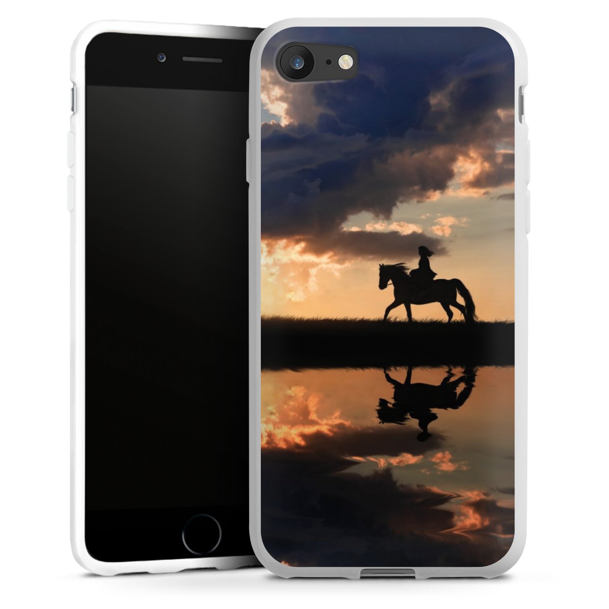 iPhone SE (2020) Handy Silikon Hülle Case weiß Handyhülle Horse Sunset Horseback Riding Silikon Case