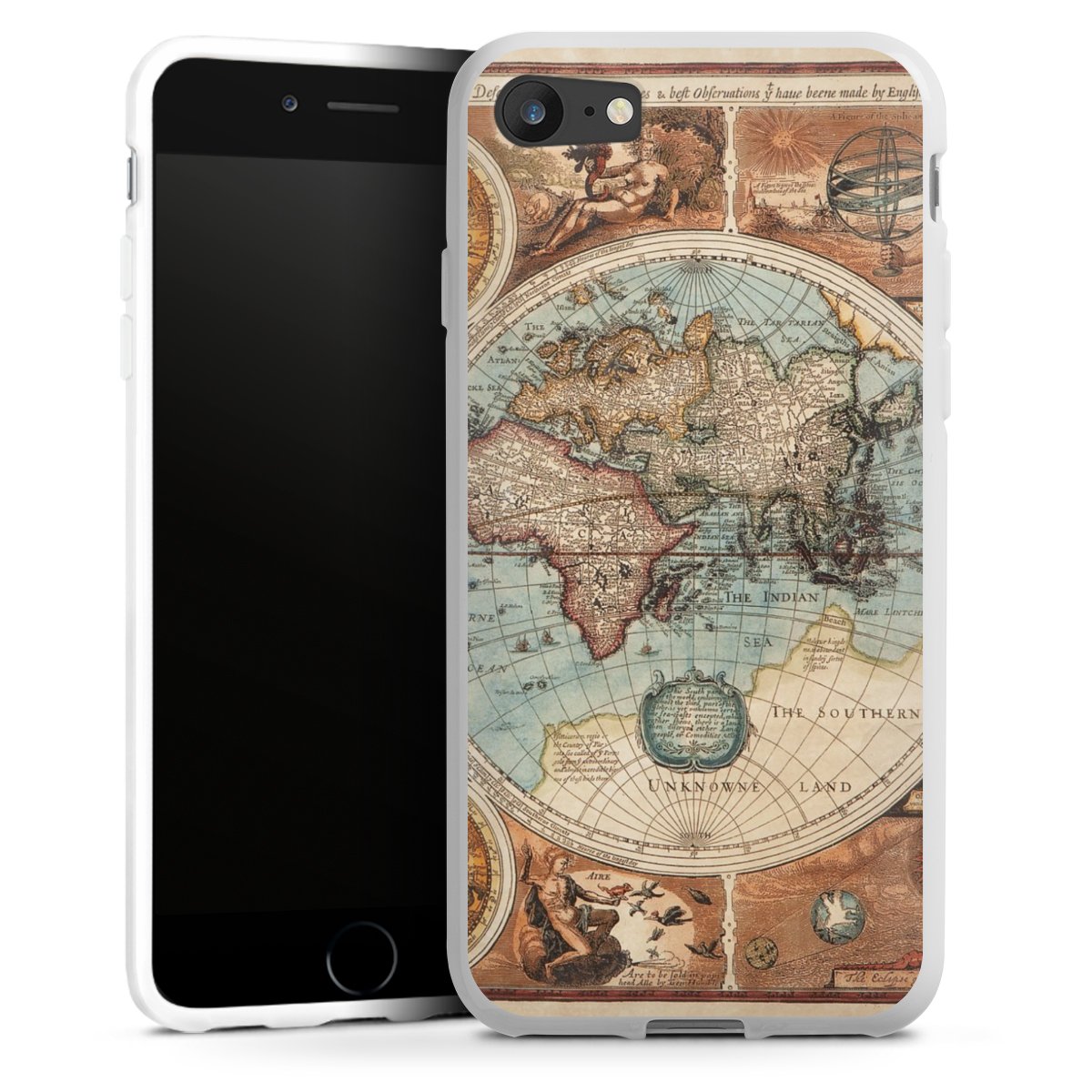 iPhone SE (2020) Handy Silikon Hülle Case weiß Handyhülle World Map Vintage Map Silikon Case