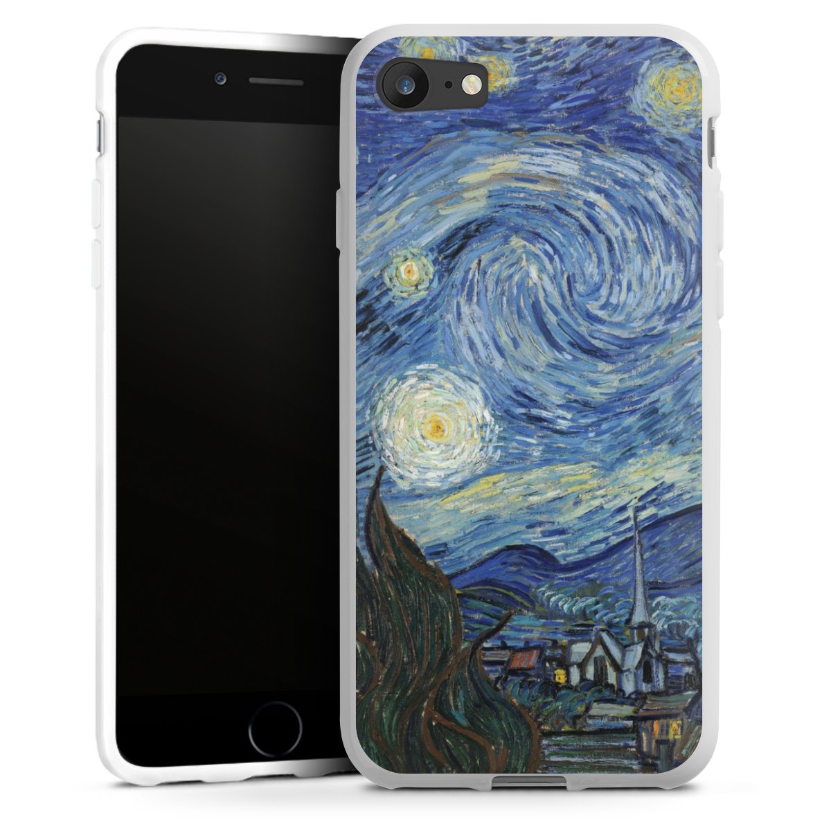 iPhone SE (2020) Handy Silikon Hülle Case weiß Handyhülle The Starry Night Kunst Vincent Van Gogh Silikon Case